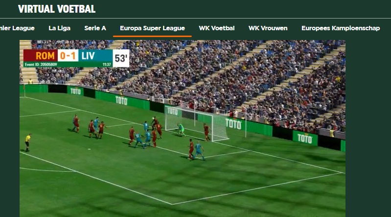 Virtual voetbalwedstrijd met TOTO branding en score 0-1