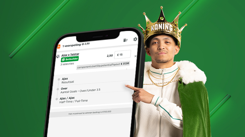Koning TOTO met kroon en mantel wijst op een TOTO betbuilder weddenschap op een grote smartphone