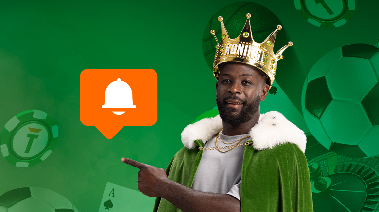 Koning TOTO met kroon en groene cape wijst naar notificatie icoon