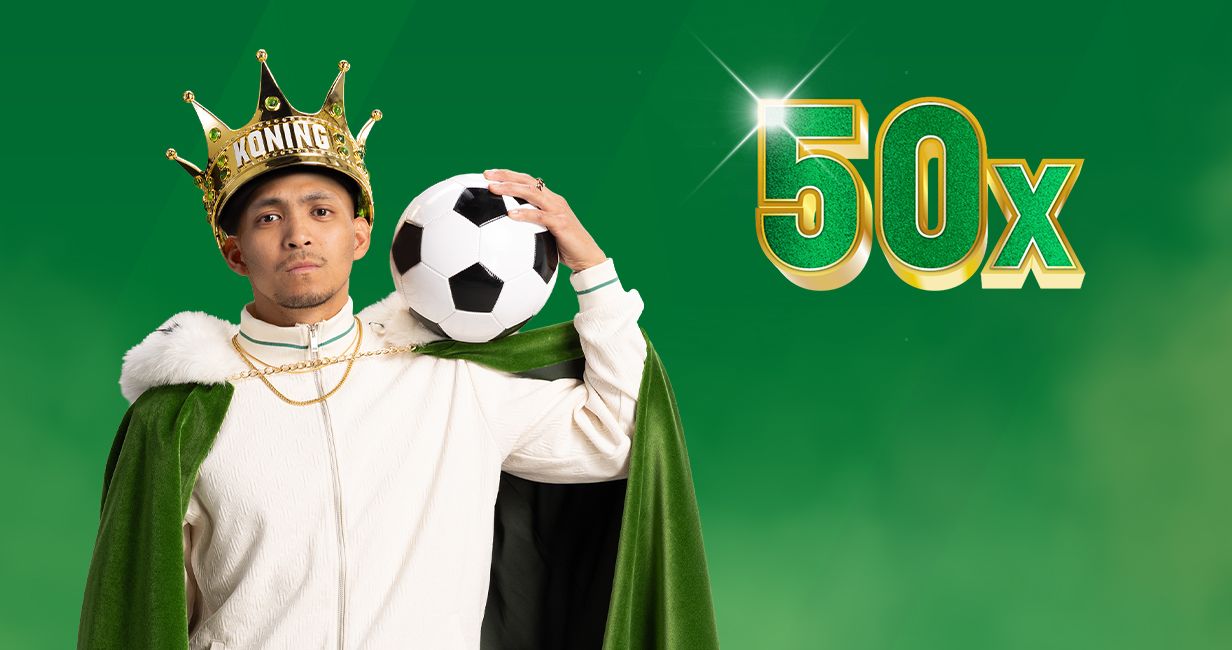 Koning TOTO met kroon en voetbal naast tekst 50x