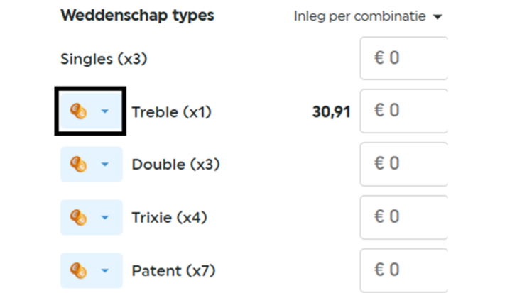 Overzicht weddenschap types zoals singles, treble, double, trixie en patent met inzetvelden