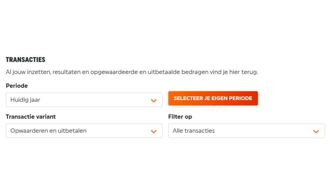 Overzicht van transacties met filters voor periode, transactie variant en filteropties