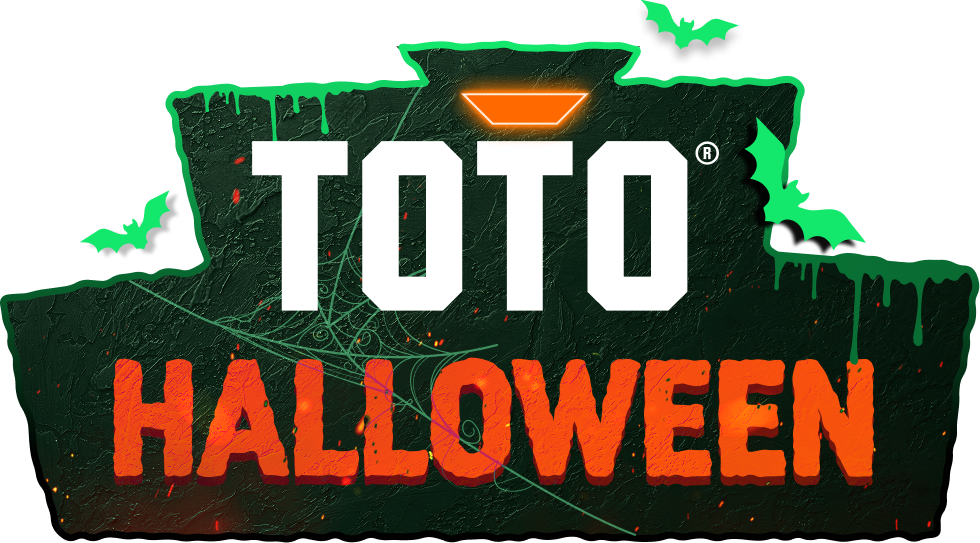 TOTO Halloween logo met vleermuizen en spinnenwebben