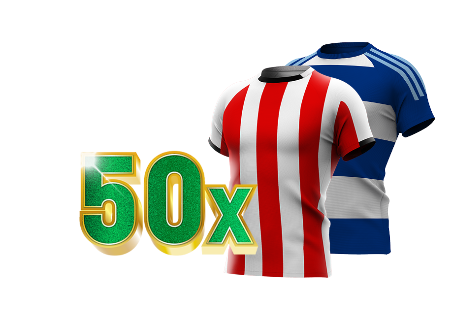 50 keer in tekst met voetbalshirts in rood-wit van PSV en blauw-wit van PEC Zwolle