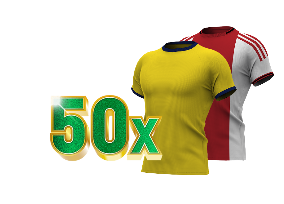 50x tekst in groen met voetbalshirts in geel van Villarreal en rood-wit van Ajax
