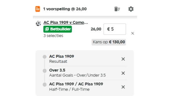 Wedticket met 1 voorspelling op AC Pisa 1909 wedstrijd, Betbuilder met 3 selecties en kans op 130