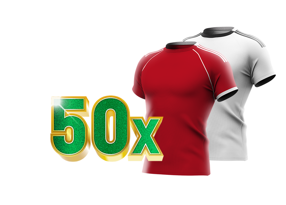 50x tekst in groen met voetbalshirts van Liverpool (rood) en Fulham (wit)
