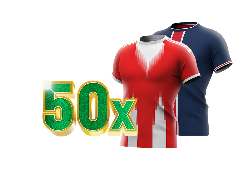 50x in groengele tekst met in de achtergrond shirts van Bayern München en Paris Saint-Germain