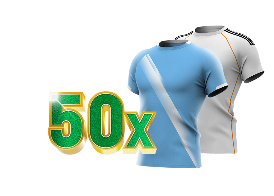 50x in groene tekst met shirts van Manchester City en Real Madrid