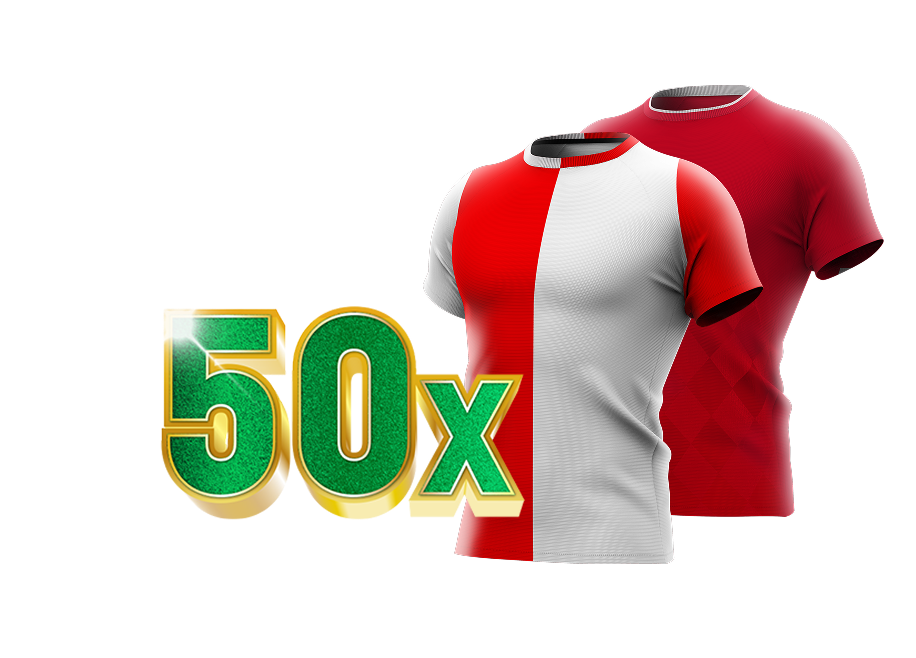 50x actie met T-shirts in rood-wit (Feyenoord) en rood (FC Twente)