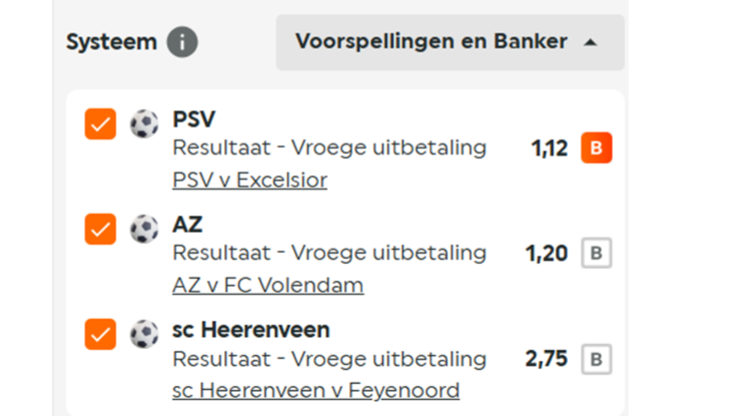 Voorspellingen en Banker met teams PSV, AZ en sc Heerenveen en hun vroege uitbetalingskansen