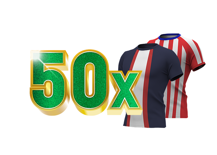 Twee voetbalshirts met de tekst 50x in glanzende letters