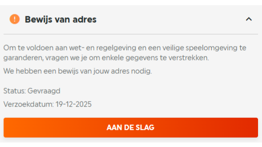 Formulier voor bewijs van adres met status gevraagd en verzenddatum 19-12-2025, knop Aan de Slag