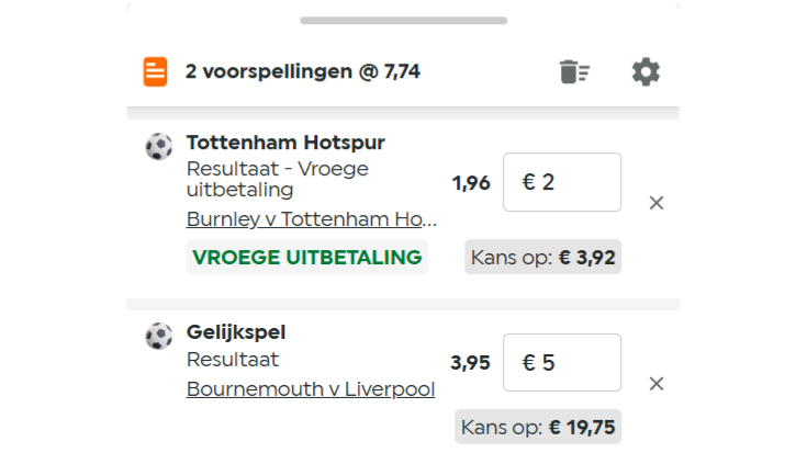 TOTO weddenschapsvoorbeeld met vroege uitbetaling op Tottenham Hotspur en gelijkspel op Bournemouth tegen Liverpool