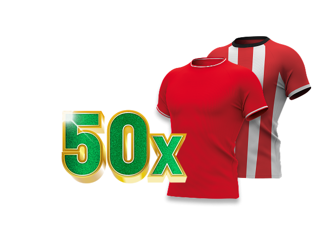 Twee sportshirts, rood van FC Twente en rood-wit van PSV, en de tekst 50x in goudgroen