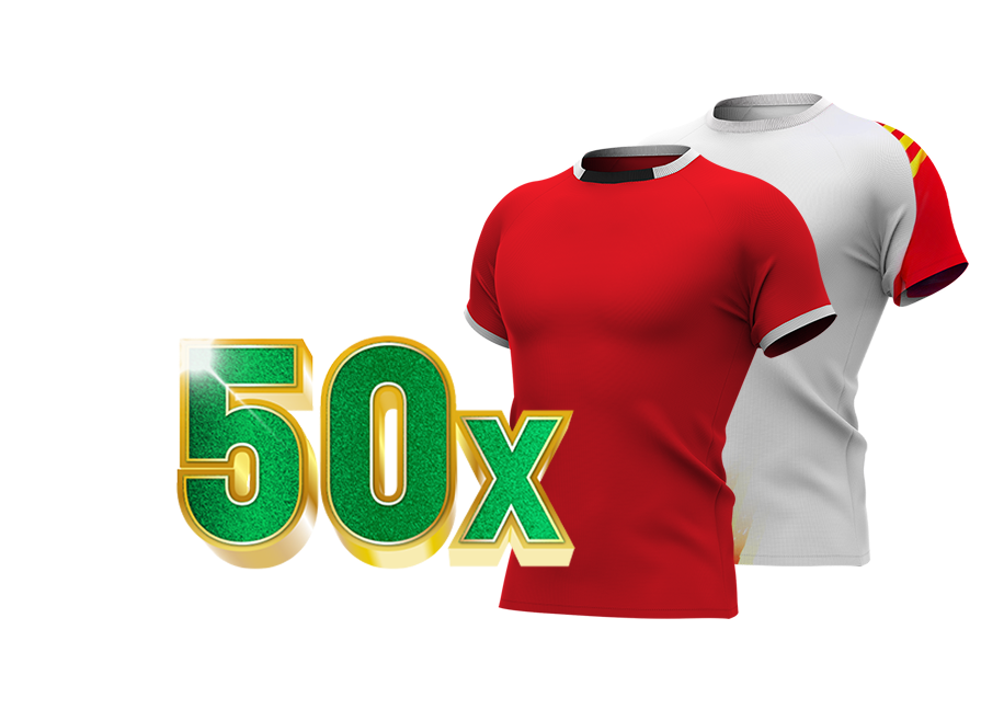 50x in groene tekst met voetbalshirts van AZ en Telstar