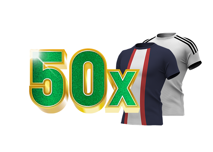 50x met twee sportshirts op de achtergrond