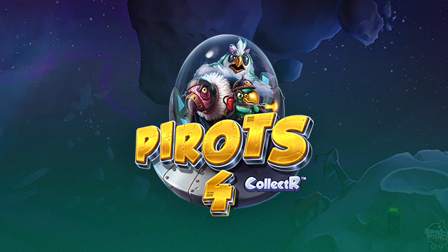 Logo van de slot game PIROTS 4 CollectR met kleurrijke karakters op een ruimte achtergrond.