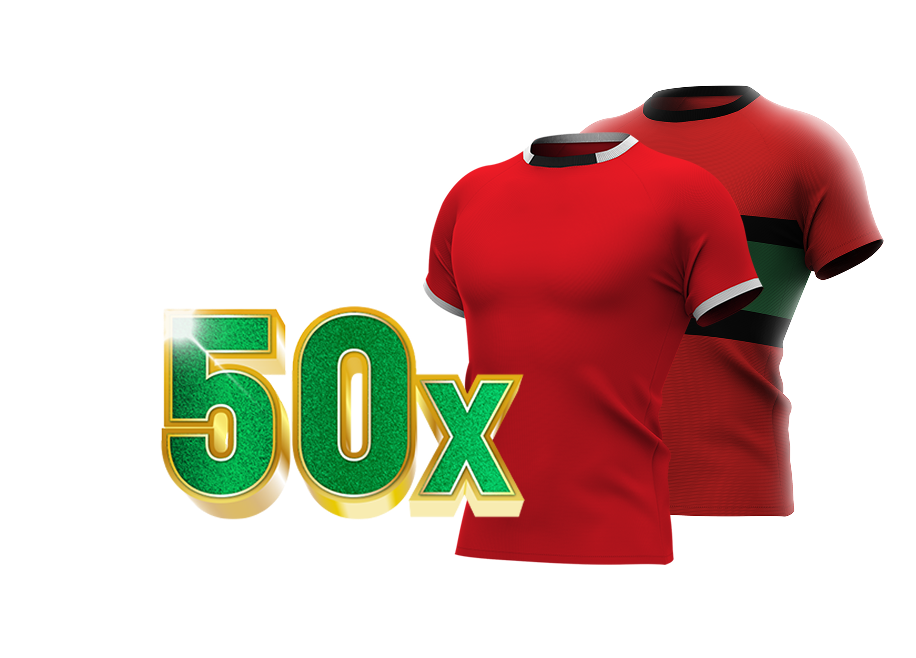 50x in groene tekst met rode sportshirts van AZ en NEC