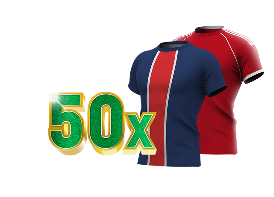 50x in groene tekst met sportshirts in blauw (Paris Saint-Germain) en rood (Liverpool)