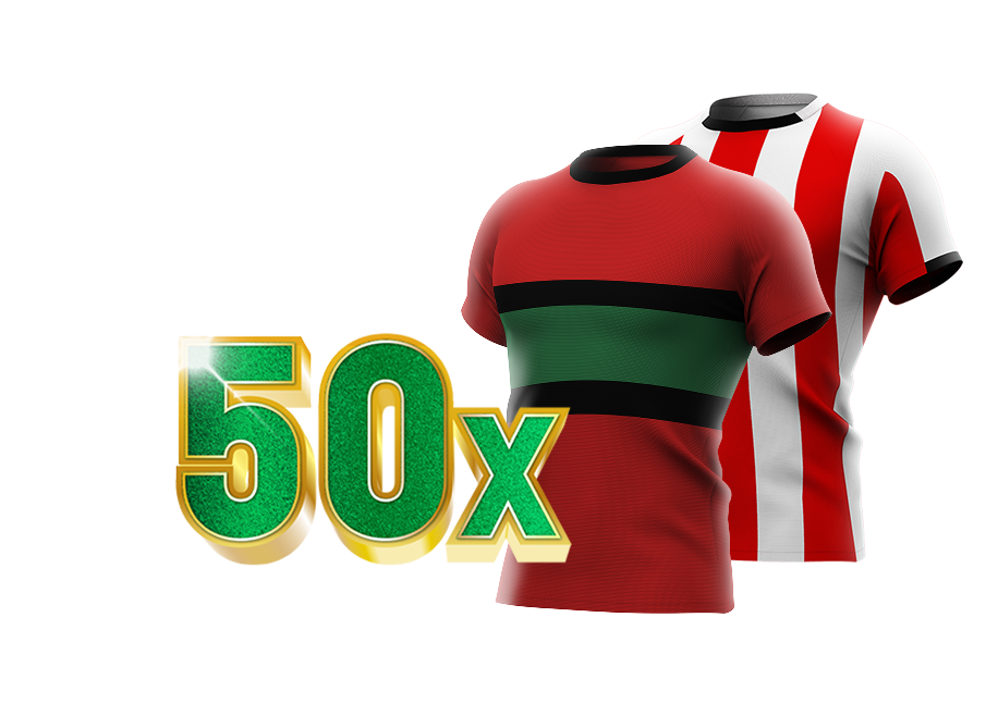 50x in groene tekst met voetbalshirts van NEC en PSV