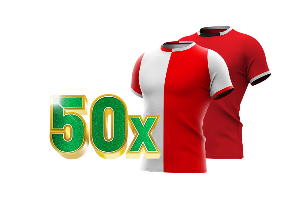 50x je inleg bij winst Feyenoord of AZ, met shirts van beide clubs in de achtergrond