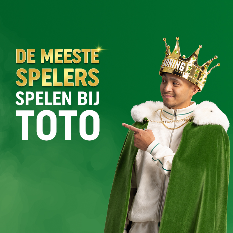Koning TOTO met kroon en cape wijst naar de tekst 'De meeste spelers spelen bij TOTO'