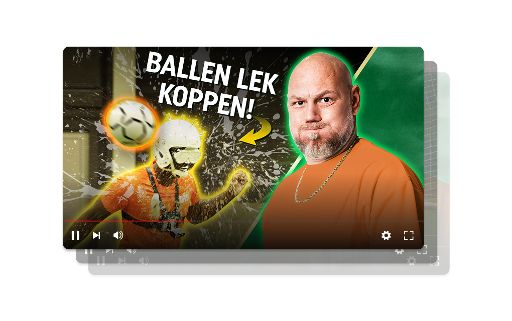 Man in oranje shirt met helm kopbal voetbal en tekst Ballen lek koppen