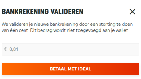 Scherm om bankrekening te valideren met een storting van 1 cent en knop betaal met iDEAL