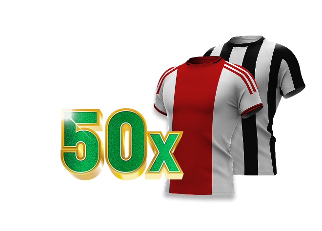 Twee voetbalshirts, rood-wit van Ajax voor en zwart-wit van Heracles achter, met de tekst '50x' erop.